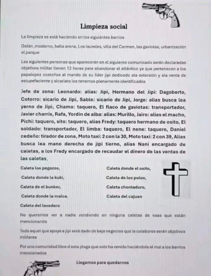 TERROR EN BARRANQUILLA Y SOLEDAD: Aparece panfleto de “limpieza social” que amenaza a más de 30 personas